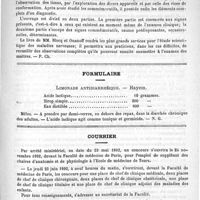 0759 - Page 755 - Bibliothèque. Séméiologie et diagnostic des maladies nerveuses, par P. Blocq et J. Onanoff. Paris, Masson, 1892 / Formulaire. Limonade antidiarrhéique. - Hayem / Courrier