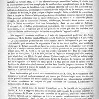 0766 - Page 762 - Revue d'otologie et de laryngologie / Complications auriculaires au cours de la leucocythémie, par M. Lannois. (Annales des maladies de l'oreille, 1892, 1) / Otite suppurée ; accidents cérébraux à la suite du tamponnement postérieur des fosses nasales, par M. le Docteur Gellé. (Mémoire lu à la Société de laryngologie le 6 nov. 1890) / Lésions du larynx dans la névrose traumatique