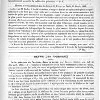 0817 - Page 813 - Bibliothèque. Traité des maladies des organes génito-urinaires, par le Docteur Paul Furbringer. Traduction française annotée par MM. Caussade et Hartmann. - Paris, Steinheil, 1892 / Manuel d'ophtalmologie, par le Docteur E. Fuchs. - Paris, G. Carré, 1892 / Revue des journaux. De la présence de l'acétone dans la sueur, par Devoto. (Rivista gen. ital. de clin. méd., 1890, 14) / Académies et sociétés savantes. Société de chirurgie. Séance du 8 juin 1892