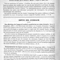0852 - Page 848 - Bibliothèque. L'anthropologie criminelle et la responsabilité médico-légale, par le Docteur E. Dortal. Paris, J.-B. Baillière, 1892 / Audition colorée, par le Docteur J. Millet. - Paris, O. Doin, 1892 / Revue des journaux. Des affections de l'appareil auditif consécutives au tabès dorsalis. (Revue de laryngologie, 1895) / Tamponnement des fosses nasales. (Revue de laryngologie, 1892)