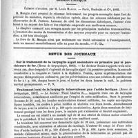 0863 - Page 859 - Revue des cliniques. Pronostic de la néphrite chez les enfants. Sur quelques formes anormales de fièvre typhoïde, par le Professeur Grancher / Bibliothèque. Élément d'hygiène, par M. Louis Mangin. - Paris, Hachette et Compagnie, 1892 / Revue des journaux. Sur le traitement de la laryngite aiguë secondaire ou primaire par le perchlorure de fer. (Revue de laryngologie, 1892) / Traitement local de la laryngite tuberculeuse par l'acide lactique. (Revue de laringologie, 1892) / Académies et sociétés savantes. Académie de médecine. Séance du 22 juin 1892