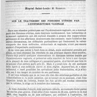 0085 - Page 85 - Sommaire / Hôpital Saint-Louis : M. Richelot. Sur le traitement des fibromes utérins par l'hystérectomie vaginale
