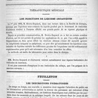 0097 - Page 97 - Sommaire / Thérapeutique médicale. Les injections de liquides organiques / Feuilleton. Les inhumations prématurées