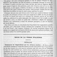 0166 - Page 166 - Médecine navale. Embarquement des médecins principaux sur les cuirassés d'escadre / Revue de la presse étrangère. Médecine. Traitement de l'impaludisme par les nitrates alcalins (Pester med. chirurg. Presse, n° 30) / Traitement de l'impaludisme par le bleu de méthylène