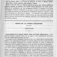 0347 - Page 347 - Bibliothèque. Petite chirurgie de Jamain (7e édition), par F. Terrier et M. Péraire. Paris, Alcan, 1893 / Revue de la presse étrangère. Chirurgie. Incarcération de la vésicule biliaire dans une hernie épigastrique (Correspondenzbl. f. schw. Aerz., 1893, n° 2)