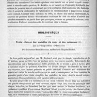 0366 - Page 366 - Académies et sociétés savantes. Société médicale des hôpitaux. Séance du 10 mars / Bibliothèque. Traité clinique des maladies du coeur et des vaisseaux. Les cardiopathies artérielles, par le Docteur Henri Huchard...