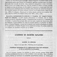 0413 - Page 413 - Revue de l'hygiène. Eclairage des champs de bataille (Dr G. Mendini... Giornale medico del R° escrito et della Ra marina, 1892. N° 6 [Giugno]. Résumé par le Docteur Depied..., dans les Archives de médecine navale, mar 1893, t. LIX, p. 186) / Exposition internationale de médecine et d'hygiène. XIe Congrès international de médecine / Académies et sociétés savantes. Académie de médecine. Séance du 21 mars