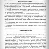 0146 - Page 142 - Académies et sociétés savantes. Société de dermatologie et de syphiligraphie. Séance du 20 juillet 1893 / Bibliothèque. Annales de l'école de plein exercice de médecine et de pharmacie de Marseille. Marseille, typographie Barlatier et Bertholet / Leçons sur le traitement des névroses, par le Docteur E.-C. Séguin. - Paris, O. Doin...