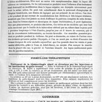 0183 - Page 179 - Congrès de la tuberculose. Sur les trêves de la tuberculose étudiée dans ses manifestations cutanées, par M. H. Hallopeau / Formulaire thérapeutique. Traitement de la blennorrhagie aiguë ou chronique par les injections et les instillations du gallo-bromol / Courrier. Fermeture des pharmacies