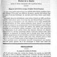 0269 - Page 265 - Sommaire / Hôpital de la Charité. Service de clinique chirurgicale de M. le Professeur Duplay. Hygroma prérotulien suraigu d'origine blennorrhagique / Feuilleton. A propos du choléra de Molène