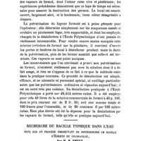 0147 - Page 144 - Mémoires. Sur la désinfection des locaux par la pulvérisation d'une solution de formol. Par le Dr Ch. Dopter, ... (Travail du laboratoire de bactériologie du Val-de-Grâce). / Recherche du bacille typhique dans l'eau. Note sur un procédé permettant de différencier le bacille d'Eberth du colibacille, par M. H. Emery, ..