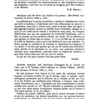 0851 - Page 846 - Revue des journaux. La Malaria in Venezia, pel dottor R. Vivante, Perito Medico Igienista (Revista d'igiene e sanità publica, Torino, 1° Aprile 1902, p. 234). [F.-H. Renaut]. / Smoll-pox and the Press (La variole et la presse). (The British med. Journal, 15 février 1902, p. 410). [Catrin]. / Airborne infection and Smoll-pox (Contagion de la variole par l'air), par le Dr Thresh, ... (British. med. journal, 15 février 1902, p. 410)
