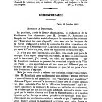 0928 - Page 923 - Revue des congrès. XIXe Congrès du Sanitary Institute à Manchester du 9 au 13 septembre 1902. Dr L. Vintras. / Correspondance. G. Bechmann