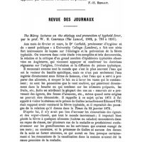 1036 - Page 1031 - Bibliographie. Prophylaxie de la peste par la destruction des insectes et des rongeurs, par le Dr R. Khayatt, ..., 1902, J. Roussel, Paris. / Revue des journaux. The Milroy lectures on the etiology and prevention of typhoid fever, par le prof. W. H. Corfield (The Lancet, 1902, p. 793 à 1231)