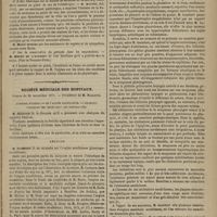 0113 - Page 101 - Académie de médecine. Séance du 30 janvier 1872. Lectures. Nouvelle note sur la constitution médicale. M. le Docteur Liégey... / Notice historique sur la Faculté de médecine de Strasbourg considérée surtout au point de vue de l'obstétrique. M. Mattei / Sur la conservation du périoste dans les amputations. M. Houzé de l'Aulnoit / Société médicale des hôpitaux. Séance du 24 novembre 1871. Épidémie d'ictère. - De l'angine scrofuleuse. - Infarctus uratiques des reins chez les nouveau-nés / Lecture