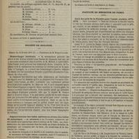 0170 - Page 158 - Académie de médecine. Séance du 15 février 1876. Correspondance non officielle / Élection / Société de biologie. Séance du 12 février 1876. Hémorrhagie cérébrale. M. Dussaussay / Dégénérescence des tubes nerveux au niveau des bulles de pemphigus. M. Degerine / Durée de la contractilité musculaire et de l'excitabilité nerveuse après la mort par les anesthésiques. M. Petit / Faculté de médecine de Paris. Liste des prix de la Faculté pour l'année scolaire 1875-1876