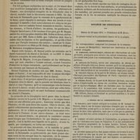 0320 - Page 308 - De la contagion de l'herpès circiné du cheval à l'homme ; par M. le Docteur Dieu... / Société de chirurgie. Séance du 29 mars 1876. Correspondance. M. Arnaud... : Hernie épiploïque étranglée chez une femme enceinte / M. Périer, de la part de M. Mouchet... : Hydrorachis au niveau des vertèbres lombaires traitée par la ligature élastique. Mort au huitième jour / À propos de la correspondance / Discussion sur la torsion des artères. (Travail lu dans la dernière séance par M. Tillaux). M. Larrey
