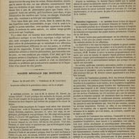 0417 - Page 405 - Hôtel-Dieu. M. Béhier. Insuffisance aortique coïncidant avec un état cachectique considérable probablement dû à un cancer du rein. (Leçon recueillie par M. G. Marseille) / Société médicale des hôpitaux. Séance du 28 avril 1876. Présentation. M. Besnier, au nom de M. le Docteur Ch. Fauvel : Traité pratique des maladies du larynx, précédé d'un traité complet de laryngoscopie / Rapports. Maladies régnantes. M. Besnier