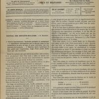0437 - Page 425 - Sommaire / Hôpital des Enfants-Malades. M. Bouchut. 1° Fièvre intermittente. Cachexie palustre et anasarque. - 2° Anesthésie chirurgicale par le chloral dans la cautérisation à la pâte de zinc et pour redresser une contracture de la jambe. - 3° Énorme kyste hydatique du foie, guérie par l'aspiration. Legs d'une poche hydatique par une mourante