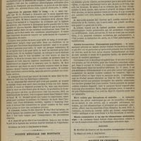 0505 - Page 493 - Société de biologie. Séance du 27 mai 1876. Communications. Numérisation des globules sanguins. M. Grancher / Injections de glycose dans le sang. M. P. Bert / Société médicale des hôpitaux. Séance du 26 mai 1876. Présentations. Ataxie locomotrice. Phénomènes psychiques. M. Lereboullet / Mort subite par thrombose et embolie. M. Ferrant / Manie consécutive à un cas de rhumatisme articulaire aigu. M. Laveran / Élection / Société de chirurgie. Séance du 24 mai 1876. Correspondance