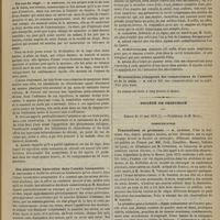 0537 - Page 525 - Société de biologie. Séance du 3 juin 1876. Communications. Hémorrhagie méningée. M. Laborde / Un cas de rage. M. Prévost / Des altérations humorales dans l'ataxie locomotrice. M. Bouchard / Dosage des sulfates dans les urines. M. Cadiet / État de l'oreille du nouveau-né qui n'a pas respiré. M. Gellé / Mensurations comparées des températures de l'aisselle et de la main. M. Couty / Société de chirurgie. Séance du 31 mai 1876. Communication. Traumatisme et grossesse. M. Guéniot
