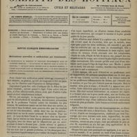 0733 - Page 721 - Sommaire / Revue clinique hebdomadaire. Médications nouvelles et médications qui réussissent. Le chlorhydrate de morphine en injections hypodermiques dans les diarrhées rebelles, - le bi-iodure de mercure dans le lupus superficiel, - les bains froids répétés dans le delirium tremens, - l'acide salicylique dans le rhumatisme aigu, - le sous-nitrate de bismuth à doses fractionnées dans les hémorrhagies intestinales de la fièvre typhoïde