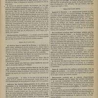 0855 - Page 843 - Association française pour l'avancement des sciences. Congrès de Clermont. Section des sciences médicales. Séance du 19 août (matin). Des déformations de la plante des pieds, spécialement chez les enfants, dans les affections atrophiques et paralytiques de la jambe. M. Onimus / Thermocautère, transfuseur. M. Onimus / Séance du 19 août (soir). Le choléra dans le centre de la France. M. Mignot / De l'emploi des courants continus dans un cas de paralysie ancienne avec atrophie des muscles de l'avant-bras. M. Dagrève / Pneumographe. M. Colra / Influence des lésions inflammatoires de la plèvre sur l'évolution et la terminaison des kystes hydatiques du foie. M. Verneuil, au nom de M. H. Petit / Relation des lésions traumatiques et de l'albuminurie. M. Verneuil, au nom de M. Terrillon / De la déglutition comme signe de la vie chez les enfants qui n'ont pas respiré. M. Houzé de l'Aulnoit / Séance du 21 août (matin). Appareil à fracture. M. Fabreguettes / Des accidents produits chez les jeunes enfants par l'anesthésie à l'aide de l'éther. M. Tripier / Signe de respiration des enfants nouveau-nés, tiré de l'aspect du poumon. M. Laennec... / Hématémèse produite par la rupture d'anévrysmes miliaires Siégeant sur le trajet des artères coronaires. M. Gallard