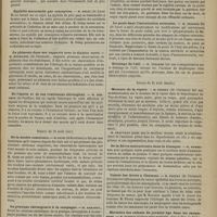 0857 - Page 845 - Association française pour l'avancement des sciences. Congrès de Clermont. Section des sciences médicales. Séance du 23 août (matin). Traitement de l'inversion irréductible de l'utérus par la ligature élastique. M. Arles / Syphilis maternelle par conception. M. Diday... / Le phimosis dans ses rapports avec le diabète sucré. M. Bourgade... / De l'épulis et de son traitement chirurgical. M. Berchon... / Séance du 23 août (soir). De la double conscience. M. Azam... / La pratique chirurgicale à la campagne. M. Baraduc / Du seigle ergoté dans le traitement de la fièvre typhoïde. M. Duboué... / Le pouls dans l'intoxication saturnine. M. Teissier fils... / Drainage de l'oeil. M. Wecker / Séance du 24 août (matin). Morsure de la vipère. M. Fredet... / De la fièvre intermittente dans la Limagne. M. Pommerol / Cancer des lèvres à Clermont. M. Fleury... / Mortalité des enfants du premier âge dans les campagnes. M. Dubert / Propriétés caustiques du bromure de potassium. M. Perrault...
