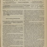 0749 - Page 737 - Sommaire / Revue clinique hebdomadaire. Service de M. Tillaux : luxation ischiatique de la hanche se transformant en sous-pubienne et réciproquement. - Parotidite suppurée. - Ligatures multiples du cordon dans la castration