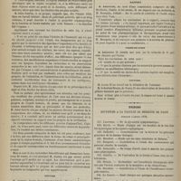 0810 - Page 798 - Académie de médecine. Séance du 27 août 1878. Communication. M. Jules Guérin, d'une brochure de MM. Lacassagne et Cliquet : De l'influence du travail intellectuel sur le volume et la forme de la rate / Lecture. M. Auguste : Structure du cerveau de certains idiots ; arrêt de développement de la cellule cérébrale ; comparaison avec le cerveau du foetus et de l'enfant en bas âge / Rapport. M. Personne, au nom d'une commission composée de MM. Berthelot, Chatin et lui même, sur un mémoire de M. Bourgoin : Sur la courbe de solubilité de l'acide salycilique dans l'eau / Communication. M. Personne : Sur la recherche de la quinine éliminée par l'urine / Lecture / Thèses soutenues à la Faculté de médecine de Paris pendant l'année 1878