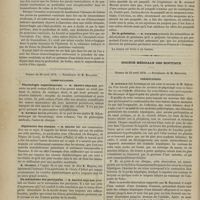 0390 - Page 388 - Société de biologie. Séance du 19 avril 1879 (fin). Présentation de pièces. Traumatisme cérébral. M. Bochefontaine / Séance du 26 avril 1879. Communications. Physiologie expérimentale. M. Brown-Séquard / Diphthérie des oiseaux. M. Mégnin / Du mécanisme des paralysies. M. Brown-Séquard / Action physiologique des purgatifs. M. Armand Moreau / De la gelsémine. M. Fournier / Société médicale des hôpitaux. Séance du 25 avril 1879. Présentations. M. Raynaud, en son nom et au nom de M. Sabourin : Sur un cas d'énorme dilatation des voies biliaires avec péri-angiocholite chronique et hypertrophie des glandes péri-canaliculaires