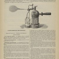 0600 - Page 598 - Instruments et appareils. Pulvérisateur à vapeur. Par M. le Docteur Lucas-Championnière / Société médicale des hôpitaux. Séance du 27 juin 1879. Communications. De l'origine des taenias. M. Magnin / Pneumonie érysipélateuse. M. Strauss