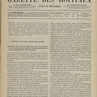 0771 - Page 769 - Sommaire / Revue clinique hebdomadaire. Dilatation énorme du duodénum par suite d'un étranglement interne à manche insolite. Phénomènes cérébraux ; attaque épileptiforme ; mort. Autopsie