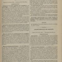 0153 - Page 141 - Clinique des départements. Troubles nerveux consécutifs à une fracture du crâne. Par M. le Docteur F. Guermonprez... / Société de biologie. Séance du 10 février 1883. Communications. Influence de la fièvre typhoïde sur la syphilis et la blennorragie. M. de Sinéty / Excitabilité directe du faisceau antérieur de la moelle épinière. M. Mendelssohn / Effets de l'ablation de certaines parties de l'encéphale chez les oiseaux. M. Charles Richet / Effets du refroidissement brusque. M. Paul Bert, recherches de M. Dumontpallier / Recherches expérimentales sur le mode d'action de quelques liquides organiques neutres sur la substance organisée. M. Dubois / Élection / Société médicale des hôpitaux. Séance du 9 février 1883. Communications. Macroglossie. M. Constantin Paul / Urémie d'origine hépatique. M. Debove