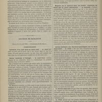 0408 - Page 398 - Académie de médecine. Séance du 28 avril 1885. Lecture. Contagiosité de la tuberculose pulmonaire chez les enfants. M. Aug. Ollivier / Société de biologie. Séance du 25 avril 1885. Communication. Inclusion d'un oeuf dans un autre oeuf. M. Amat / Atome molécule et biologie. M. Rabuteau / Rupture de la matrice chez une brebis, expulsion du foetus par la paroi abdominale. M. Barrier..., sur l'observation qui lui a été adressée par M. Vernon / Action excitante des fonctions psychiques sur la force musculaire. M. Féré