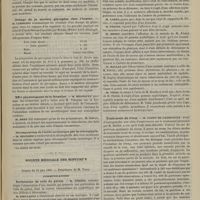 0583 - Page 573 - Société de biologie. Séance du 13 juin 1885. Communications. Les courants électriques des muscles et des nerfs. M. d'Arsonval / Dosage de la matière glycogène chez l'homme. M. Lambling / Effet physiologique de la forméine. M. Regnault, recherches faites avec M. Villejean / Décomposition de l'acide carbonique par la chlorophylle. M. Regnard / Société médicale des hôpitaux. Séance du 12 juin 1885. Communications. Perforation du voile du palais. M. Féréol / Traitement du croup. M. Cadet de Gassicourt