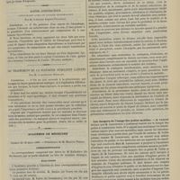 0357 - Page 345 - Clinique des quinzes-vingts. M. A. Trousseau. Traitement des affections des voies lacrymales. (Leçon recueillie par M. le Docteur H. Le Roy de Langevinière...) / Goitre constricteur. Coïncidant avec un cancer oesophagien ; par M. le Docteur Auguste Pollonsson (Province médicale) / Du traitement de la pleurésie purulente latente ; par M. le Professeur Desplats (Journ. des sc. médic. de Lille) / Académie de médecine. Séance du 26 mars 1889. Correspondance / Élections / Lectures. Origines du tétanos. M. Verneuil / Les dangers de l'usage des poêles mobiles. M. Vallin, insisté par M. Lancereaux