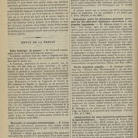 0088 - Page 88 - Hôpital Beaujon. M. Fernet. De la parésie intestinale des typhoïdiques et de son traitement par les courants continus. Par M. le Docteur Ch. Fernet... et M. Henri Martin... / Revue de la presse. Kyste hydatique du poumon. (Société de chirurgie de Moscou, mars 1894) / Pharyngite et méningite actinomycosique. (Wratsch, n° 10, 1894) / Laparotomie contre les phénomènes gastriques provoqués par des adhérences épiploïques consécutives à une première laparotomie. (Münch. med. Woch., 1893) / Fistule branchiale complète. (Centralb. f. chir., n° 9, 1894) / Lésions tardives des voies respiratoires supérieures dans la syphilis héréditaire. (Centralb. f. chir., n° 14, 1894)
