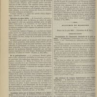 0648 - Page 676 - Revue de la presse. Tumeur de la glande de Bartholin. (Société de gynécol. et d'obstétr. de Moscou, 1894) / Diagnostic de la grippe. (Ejenedel., n° 16, 1894) / Opération de spina bifida. (Wratsch, p. 473, 1894) / De la gastroplicature. (Centralbl. fur chir., n° 16, 1894) / Anesthésie mixte par le bromure d'éthyle et le chloroforme. (Wratsch, n° 16, 1894) / Académie de médecine. Séance du 11 juin 1895. Communications. Transmission de l'immunité vaccinale de la mère au foetus. M. Hervieux, une note de M. Audet / Des relations de l'angine diphtérique avec l'angine herpétique. M. Dieulafoy