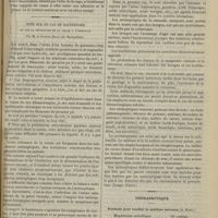 0013 - Page 3 - Hôpital Lariboisière. M. A. Florand. Sur un cas de rage survenu après treize mois d'incubation / Note sur un cas de bactériurie et sur la résistance de la vessie à l'infection ; par M. le Docteur Escat... / Thérapeutique. Formule pour tonifier le système nerveux. (A. Robin). (Rev. internat. de méd. et de chir.) / Traitement de la migraine. (A. Robin)
