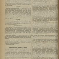 0312 - Page 302 - Société de chirurgie. Séance du 15 mars 1899. Communications. Torsion totale de l'intestin. M. Routier / Rapport. Anévrisme artérioso-veineux. M. Chauvel, sur une observation adressée par M. Collin / Lecture. Procédé de suture profonde. M. Berger, un procédé de suture profonde imaginé par M. Gauthier... / Présentations. Ostéo-myélite. M. Walther / Néphrotomie lombaire. M. Nélaton / Anévrisme de l'artère sous-clavière. M. Gérard-Marchant / Revue bibliographique. Traité des maladies du foie et du pancréas, par E. Lancereaux... / La maladie de carrion ou la verruga péruvienne, par Ernesto Odriozola...