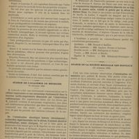 1408 - Page 1402 - Sur les troubles psychiques d'origine paludique ; par M. le Docteur J. Tikanadsé... / Séance de l'Académie de médecine. 26 décembre 1899. M. Laborde : Réflexe respiratoire et son mécanisme fondamental dans la fonction cardo-respiratoire démontrés par l'observation radioscopique / De l'intoxication alcoolique latente (alcoolomanie) ; recherches expérimentales sur le sérum d'animal alcoolisé (antiéthyline), essais cliniques. M. Sapelier, en son nom et au nom de MM. Broca et Thibault / M. Poncet : Tumeurs éphthéliales craniennes ; résultats éloignés de l'urétrostomie périnéale / M. Hennecart... : Conjoctivite diphtérique primitive observée sur la fille âgée de quatre mois, traitée et guérie par le sérum du Docteur Roux / Séance de la Société médicale des hôpitaux. (22 décembre 1899). Intoxication alimentaire. M. Rendu