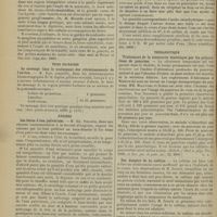 0014 - Page 8 - Revue de la presse. Maladies de l'enfance. Signe diagnostique des angines aiguës chez des enfants. (Gaz. med. di Torino et Gaz méd. belge, déc. 1899) / Voies urinaires. Le massage dans le traitement des rétrécissements de l'urètre. (Ann. génito-urinaires, 1899, p. 1171) / Hygiène. Les bains d'eau pulvérisée. (Journ. d'hyg., décembre 1899) / Stérilisation de l'eau pure par le chlorure de chaux. (Revue scientifique, déc. 1899) / Thérapeutique. Traitement de la stéatorrée diabétique par les préparations de pancréas. (Zeitsch. f. diaet. u. phys. Ther., 1899, et Rev. gén. de path. int., 22, 1899) / Des dangers de la caféine. (Journ. de pharm. et de chim., 1er déc. 1899) / Le régime lacté dans le diabète sucré