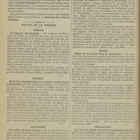 0042 - Page 36 - Séance de l'Académie de médecine (9 janvier 1900). M. Kanellis et Cardimitis... : Fièvre pernicieuse dysentérique, rapport de M. Laveran / M. Cadet de Gassicourt, sur un travail de Moncorvo... : Arthrite déformante / M. Springer : Traitement des arrêts de croissance / Revue de la presse. Médecine. L'ivresse par l'eau minérale. (Lyon médical, 10 déc. 1899) / Chirurgie. Recherches expérimentales sur la vapeur comme moyen hémostatique. (Riforma medica, 1899, n° 278) / Laryngologie. Adénoïdite chronique et aiguë. (Meditz. oboz., août 1899) / Hygiène. Danger de la succion dans la circoncision. (Bul. de l'hôp. civil franç. de Tunis, 25 déc. 1899) / Thérapeutique. Les injections hypodermiques de bichlorhydrate de quinine dans le paludisme aigu ou chronique