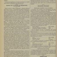 0054 - Page 48 - Séance de la Société de chirurgie. (10 janvier 1900). M. Picqué : Taille vaginale pour l'extraction des corps étrangers de la vessie, travail de M. Guillet..., sur une kyste congénital de la glande thyroïde, par M. Isambert, sur une luxation de l'atlas, par M. Billert, sur une statistique opératoire de M. Brousse / Séance de la Société de neurologie (11 janvier 1900) / Médecine pratique. L'antisepsie intestinale chez les enfants / Cautérisation des verrues / Formulaire. Coryza