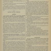 1441 - Page 1435 - Séance de l'Académie de médecine. (20 novembre 1900). M. Lucas-Championnière : Traitement du cancer par les injections de sérum anticellulaire / Revue de la presse. Médecine. De la douleur provoquée par la percussion unguéale comme signe de début de la tuberculose pulmonaire. (Loire méd., 15 oct. 1900, et Bull. méd.) / Le traitement des piqûres de moustiques. (Bull. gén. de thérap., 15 nov. 1900) / Maladies de l'enfance. La médication cacodylique chez les enfants. (Journ. de méd. de Bordeaux, 28 octobre 1900) / Bactériologie. Nouvelle méthode de recherche du bacille de Koch dans les crachats
