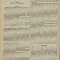 1468 - Page 1462 - Séance de l'Académie de médecine (27 novembre 1900)M. Berger, sur un travail de M. Kirmisson : Luxations spontanées de la hanche survenant au début de la coxalgie / Revue de la presse. Chirurgie. Traitement chirurgical d'un cas de méningite purulente. (C. R. in Centralbl. f. Chir., 1899, n° 39, p. 1074) / Otologie et rhinologie. Un cas de catarrhe séreux de l'oreille moyenne produit par l'administration de l'iodure de potassium. (Brit. med. Journ., 1898, C. R. in Ann. des malad. de l'oreille, 1899) / Le chancre syphilitique intra-nasal. (Lyon méd., août 1900, C. R. in Rev. hebd. de laryngol., n° 41, p. 445) / Sinusite au cours de l'ozène. (Rev. hebd. de laryngol., 1900, n° 38, p. 337) / Obstétrique. Travail normal après une opération césarienne non indiquée