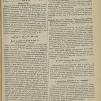 0067 - Page 61 - Revue de la presse. Gynécologie. Emploi de l'eau oxygénée en gynécologie. (Przeg. lexarski, 1900, n° 40) / Thérapeutique. Le thiocol dans le traitement de la tuberculose et des bronchites chroniques. (Klin. ther. Woch., 1900, n° 38) / Revue bibliographique. Étude pratique sur le mal de Pott, par le Docteur V. Ménard / Vie, génération, stérilité, par M. Sylvius / Maladies des voies urinaires : Thérapeutique générale, thérapeutique symptomatique, médecine opératoire, par P. Baz... / L'analyse biologique des eaux potables, par le Docteur J. Gasser / La constipation habituelle et son traitement, par M. Herschell