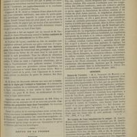 0461 - Page 463 - Séance de l'Académie de médecine. (23 avril 1901). M. le Professeur Marey, au nom de M. Contremoulins : Recherche des corps étrangers dans la tête / M. Laborde : Action combinée de la quinine et du chloroforme / M. Fochier : Utérus bicorne ayant déterminé une dystocie grave / M. de Brun : Traitement de la lèpre par l'icthyol à l'intérieur / MM. Rémy et Peugniez : Extraction des projectiles logés dans l'encéphale / Moustiques / Revue de la presse. Médecine. Les réflexes tendineux dans la fièvre typhoïde. (Revue de méd., 10 janv. 1901) / Chirurgie. Suture de l'uretère. (Centralbl. f. Chir., 1901, n° 5, p. 122) / De l'action de l'eau oxygénée sur le catgut. (Bull. de l'Acad. roy. de Belg., avr. 1901)