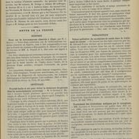 0735 - Page 737 - Séance de l'Académie de médecine. (2 juillet 1901). M. Rendu : Affections bronchiques et broncho-pulmonaires d'origine nasale et consécutives à des suppurations chroniques des fosses nasales, de l'arrière-pharynx, de l'oreille moyenne ou de la bouche / Revue de la presse. Chirurgie. Deux cas de botryomycose observés à Alger. (Bull. et Mém. de la Société de chirurg. de Paris, 25 juin 1901) / Obstétrique. Procédé facile et sûr pour éviter la déchirure du périnée dans les accouchements au forceps. (Gaz. méd. du Centre, juin 1901) / Thérapeutique. Valeur palliative du cacodylate de soude dans le traitement du cancer. (The Lancet, 25 mai 1901) / Traitement des ulcérations malignes par le cynoglosse. (Bull. de thérap., 8 mai 1901) / Traitement du cancroïde ulcéré et des néoplasmes de la région palpébrale par les injections de bleu de méthylène et de sublimé